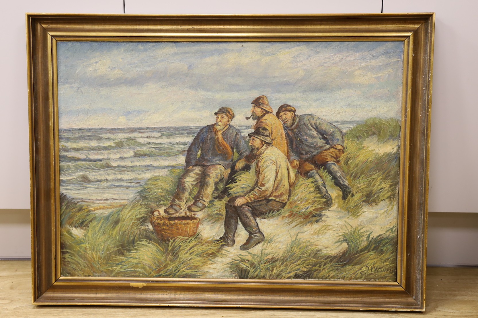 English School, 20th century, oil on canvas, Four fisherfolk sat along the shore, indistinctly signed, 47 x 67cm